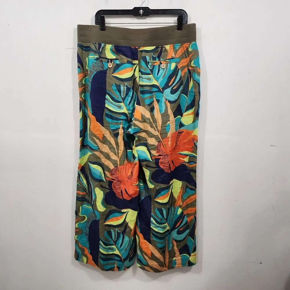 Soft Surroundings Aliso Point Tropical Linen Pants Hawaiian Green Wide Leg Sz L